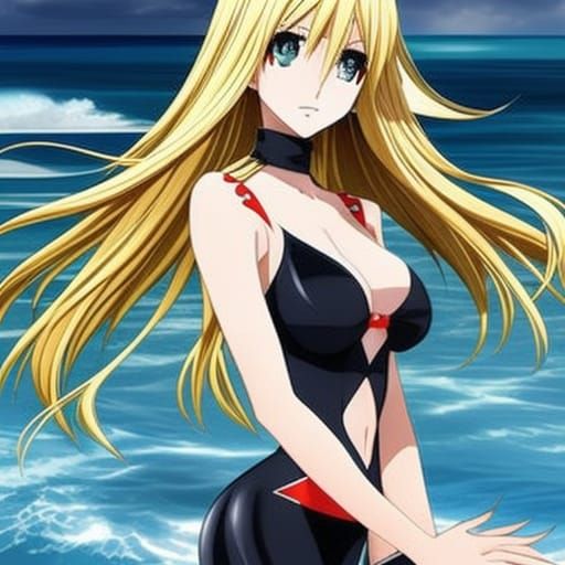 Anime Blonde Girl in Swimsuit with Red Eyes