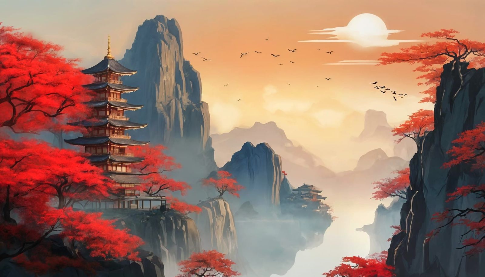 Asian Pagoda on Cliff in Misty Landscape