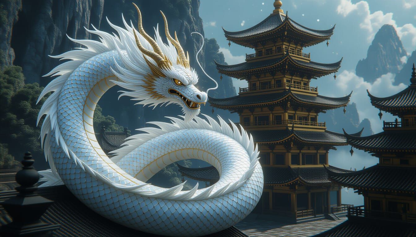 Celestial Dragon Coiled Around Ancient Pagoda in Dystopian R...