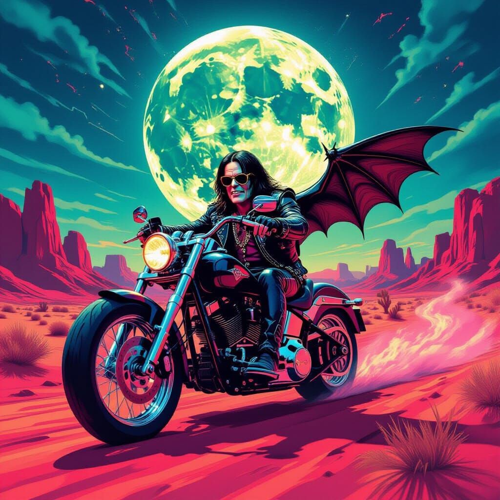 Ozzy Osbourne Outlaw Rides Spectral Bat in Neon Desert