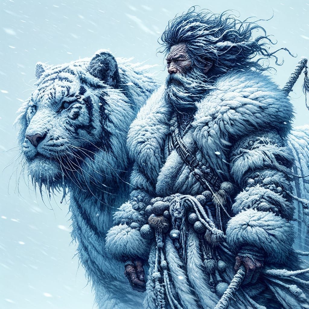 Monk and Tiger in Brutal Snowstorm