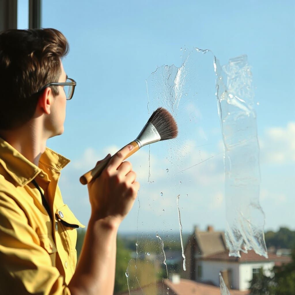 A window washer using a makeup brush to scrape a plate glass...