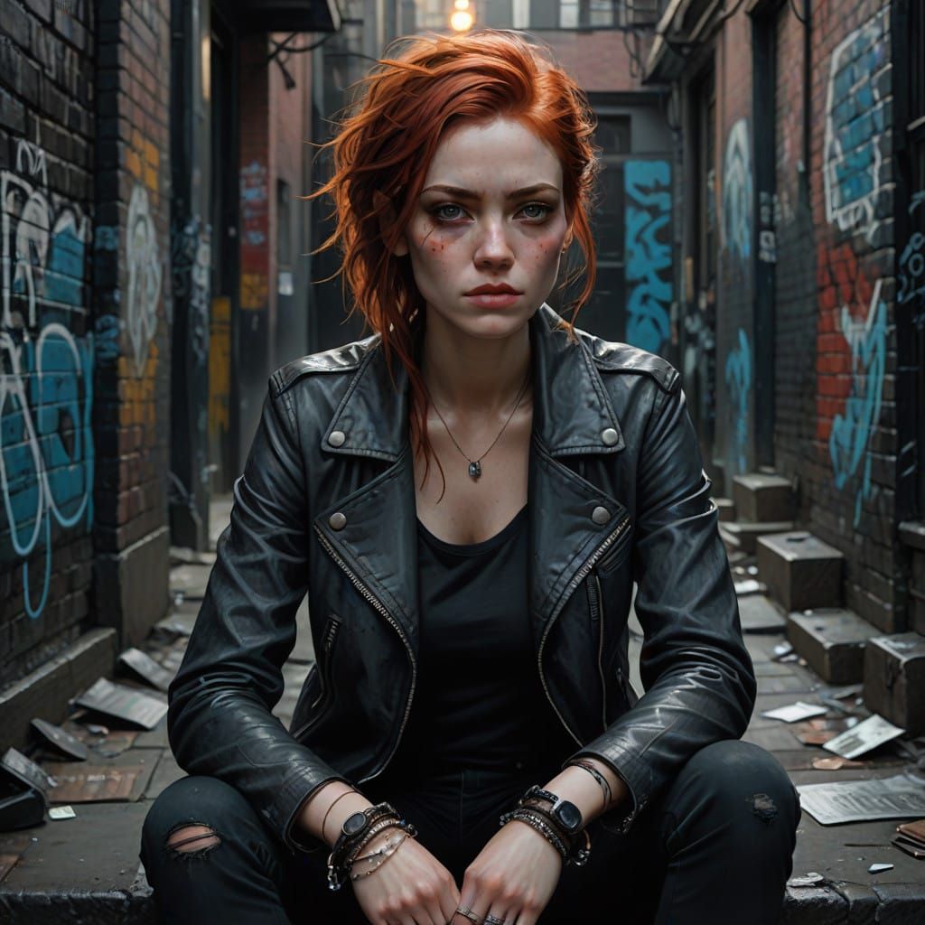 Edgy Urban Enchantress in Red Hair and Leather Jacket