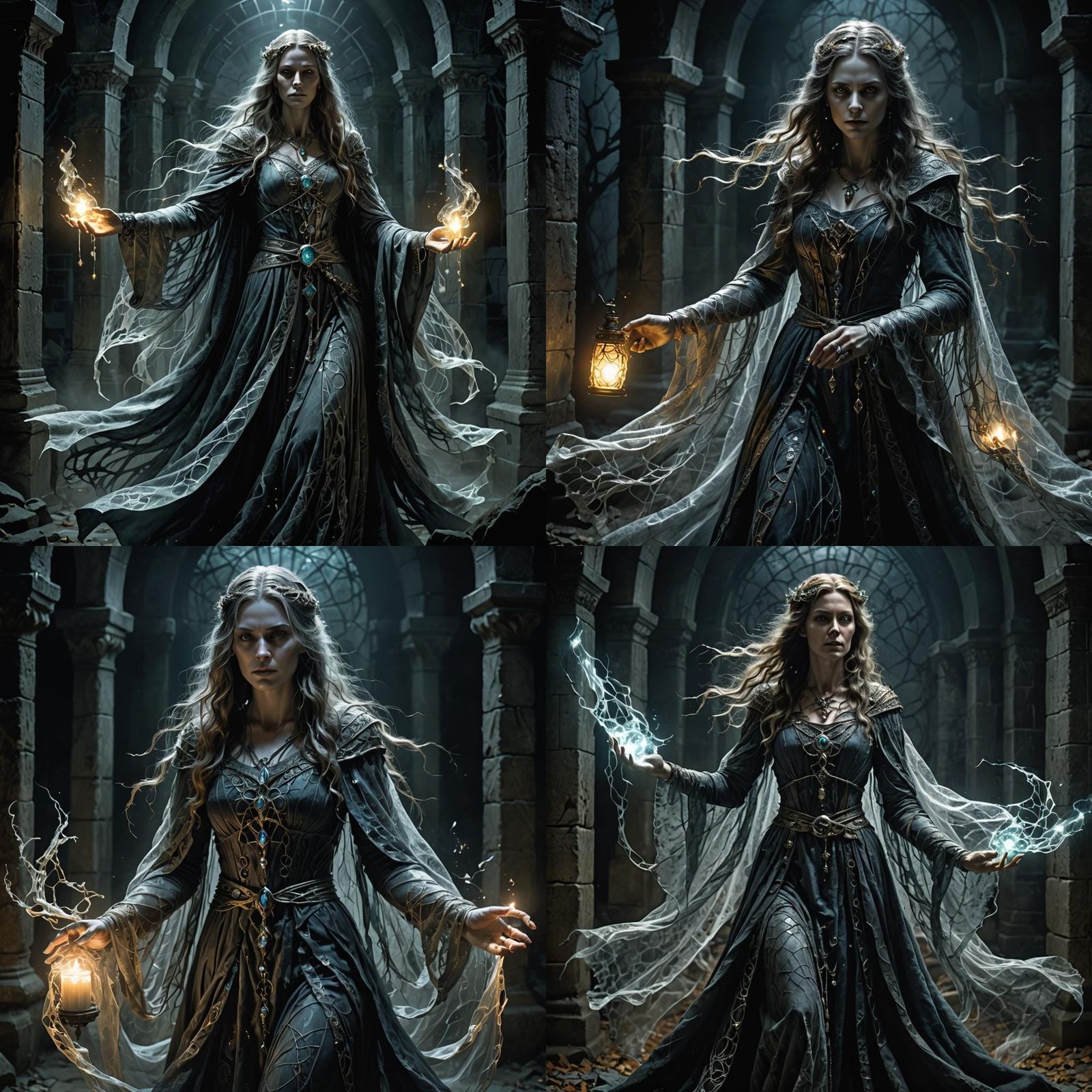 In the depths of a dark, foreboding crypt, Isolde, a hauntingly beautiful ghostly sorceress, weaves her spectral magic w...