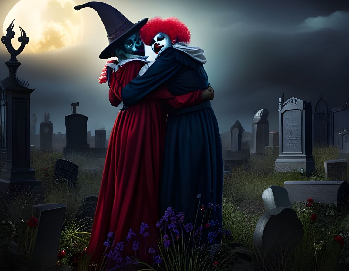 Two horror clowns hugging each-other