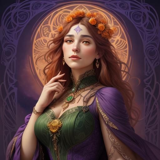 Art Nouveau Witch Casting Spells with Pumpkins