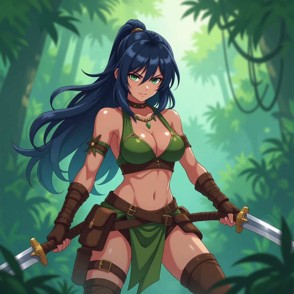 Anime Jungle Warrior in Cel-Shaded Manga Style