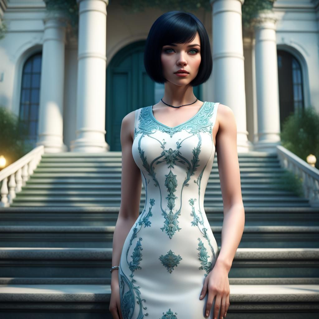Young Woman on Mansion Steps: Fantasy Concept Art
