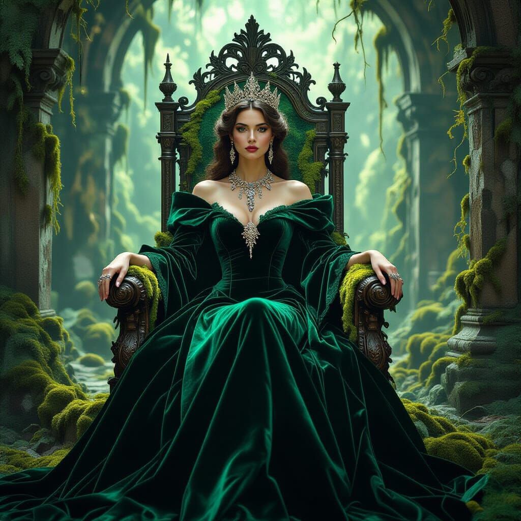 Emerald Queen on Mossy Throne in Enchanted Forest