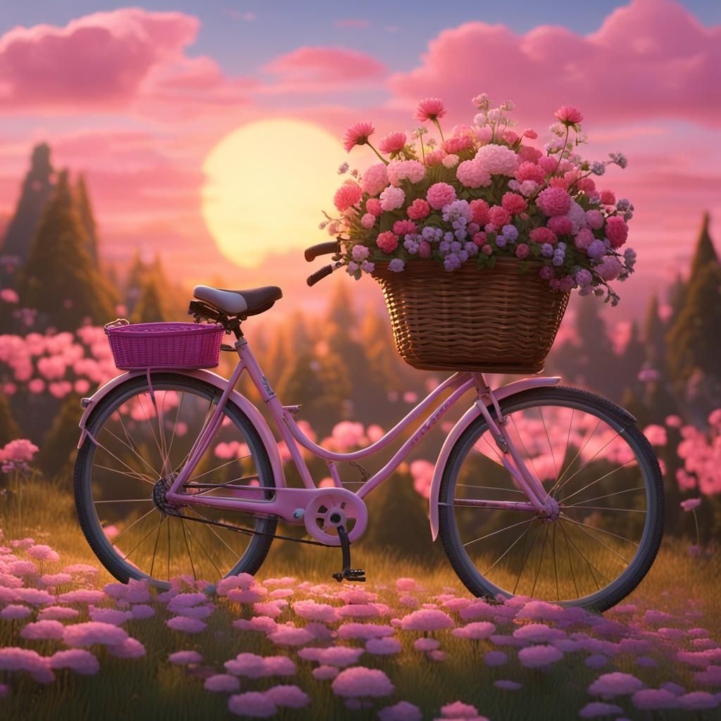 Whimsical Bike with Flowers at Sunset: Folk Art