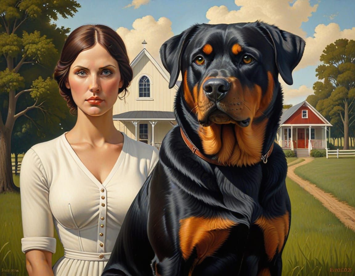 Rottweiler in Regionalist Style, Inspired by Grant Wood