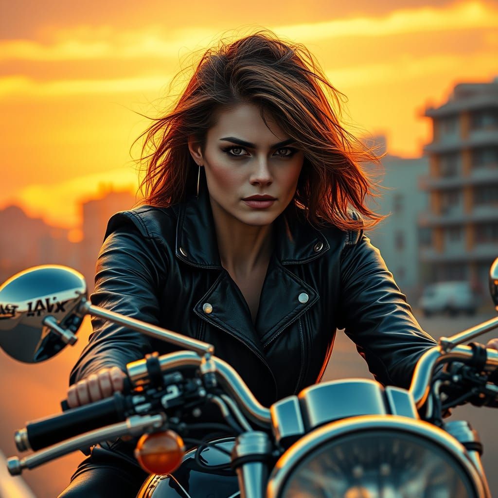Sleek Biker Woman in Vibrant Cityscape