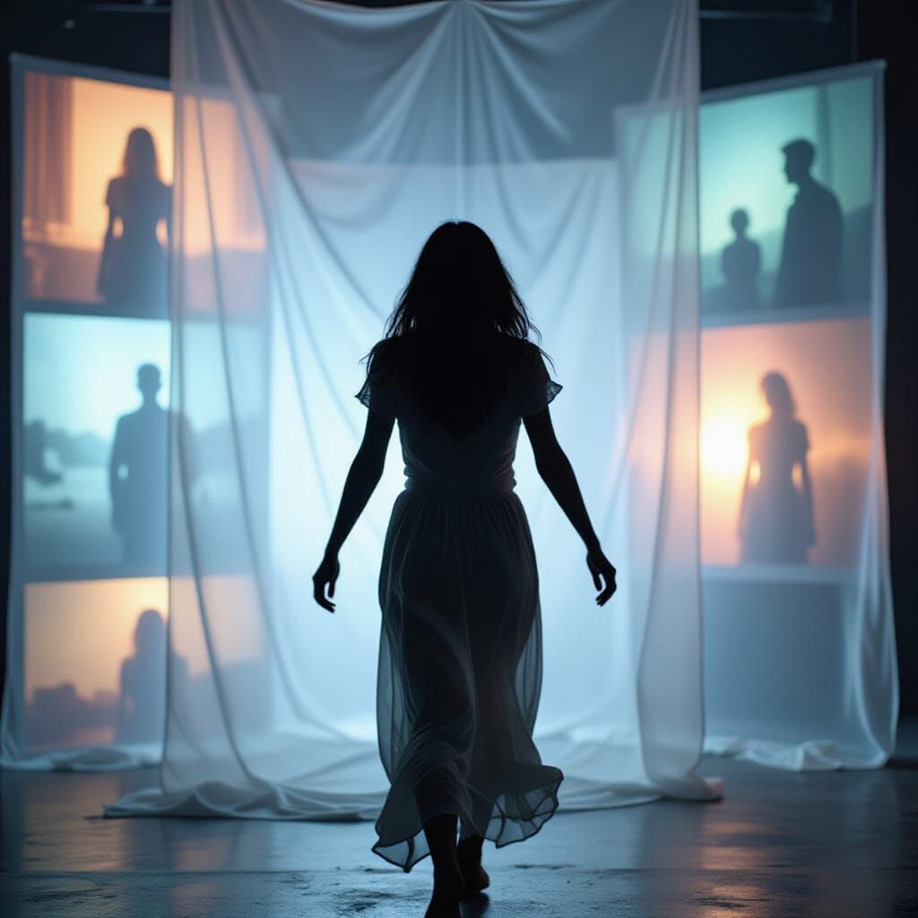 Distressed Woman in Layered Film Illusions