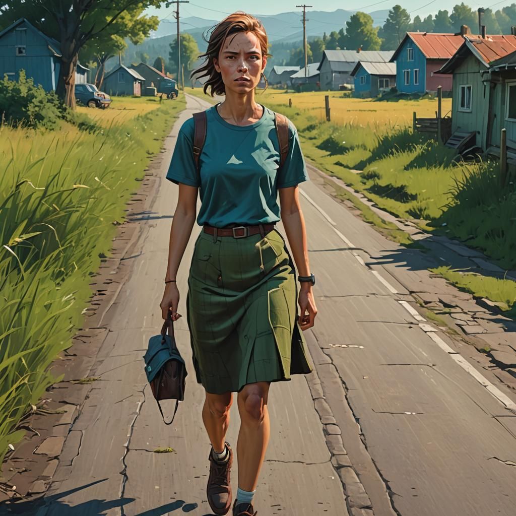 Woman Walking on Village Road in Art Nouveau Style