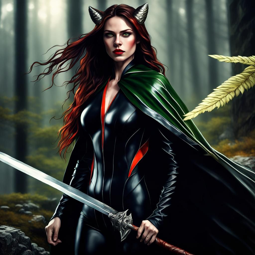 Heroic Woman with Tiger Cape in Dark Fantasy Style
