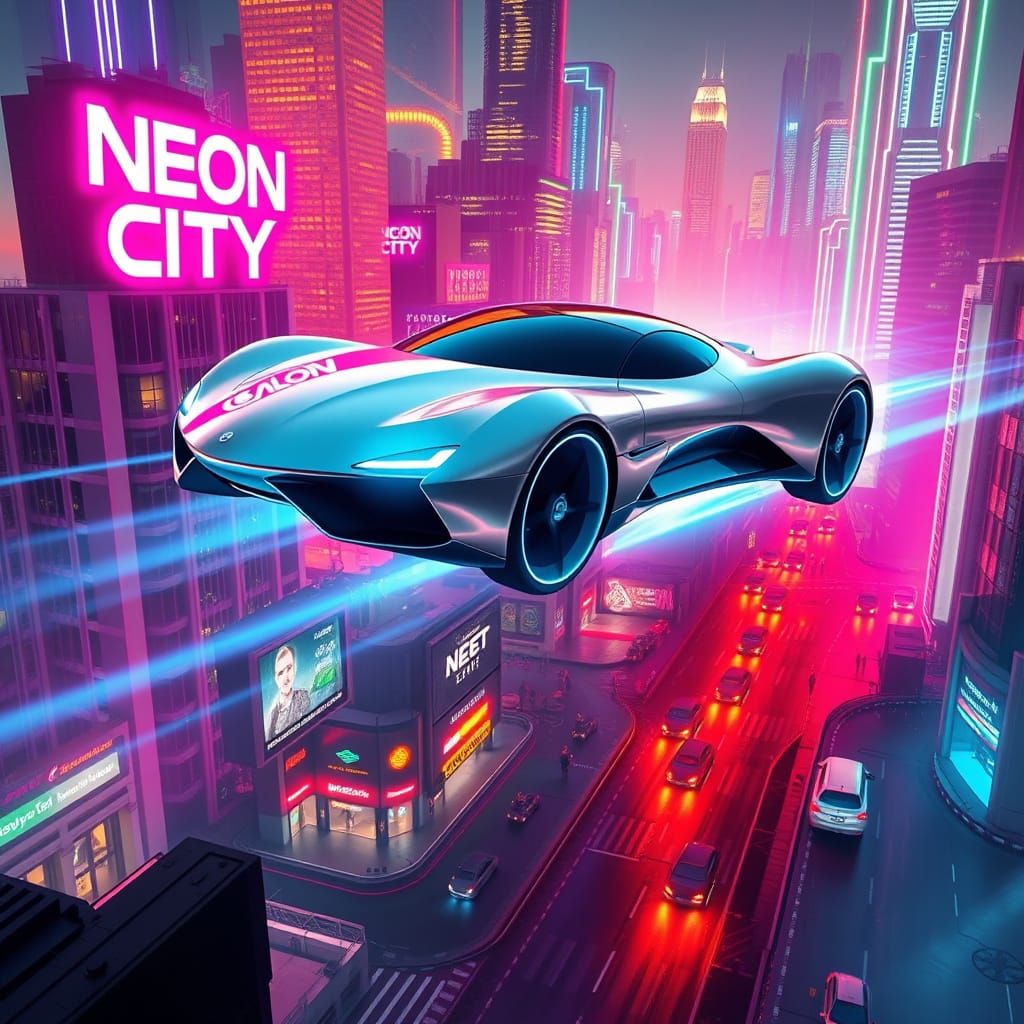 Futuristic Silver Car Floating Above Neon City