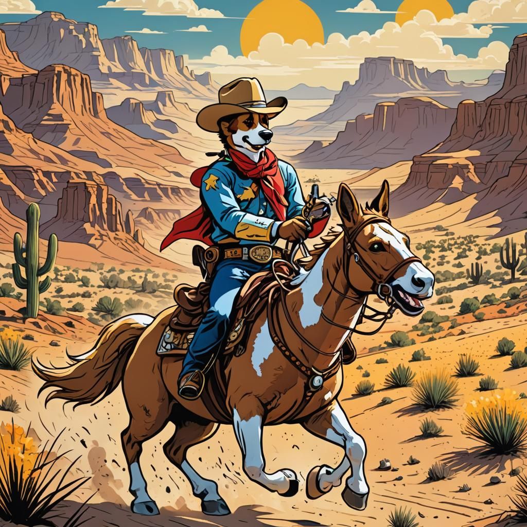 Corgi Cowboy Rides in Comic Book Art Style