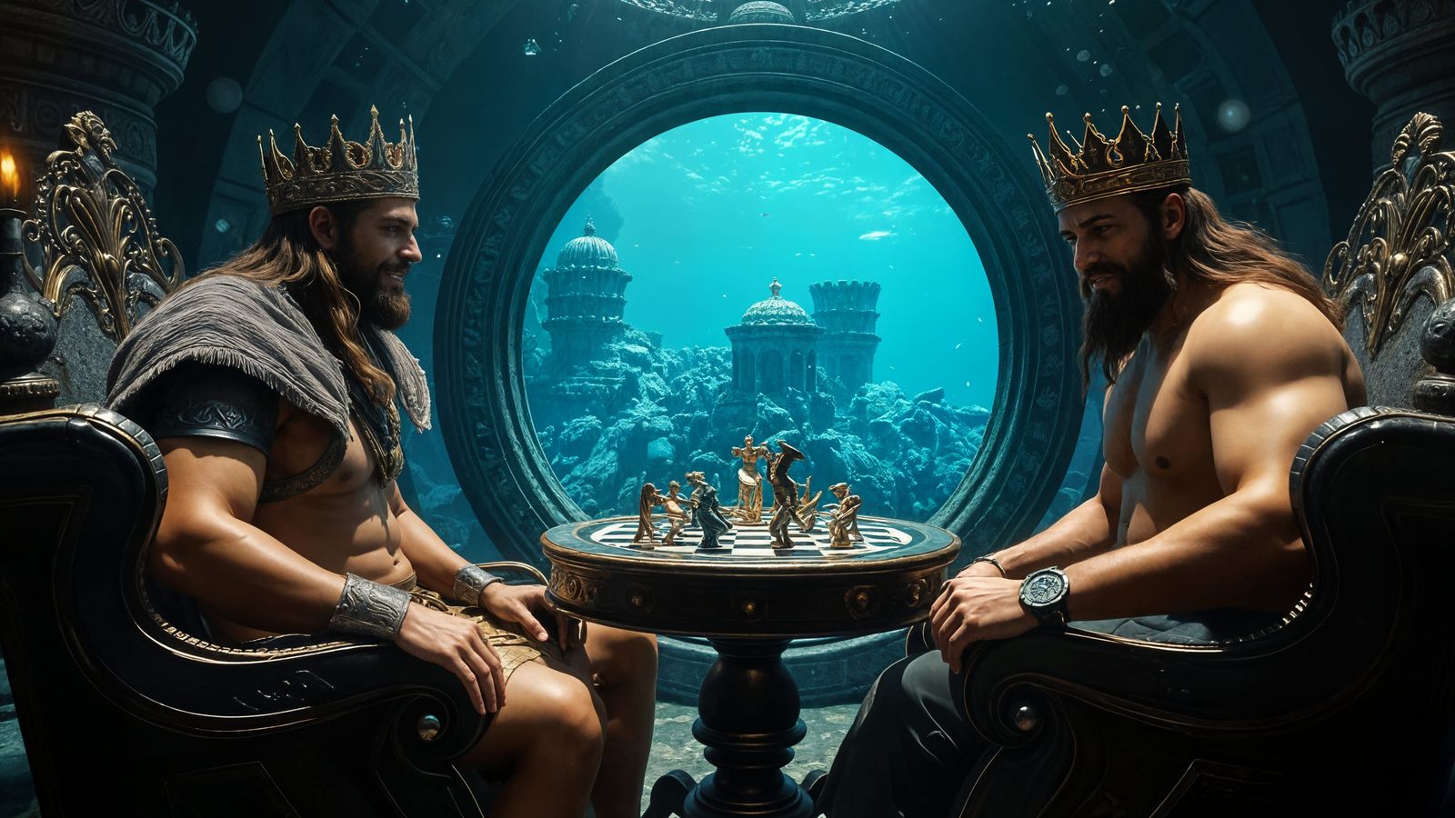 Underwater Kings Meeting in Throne Room, Hyperrealistic Art