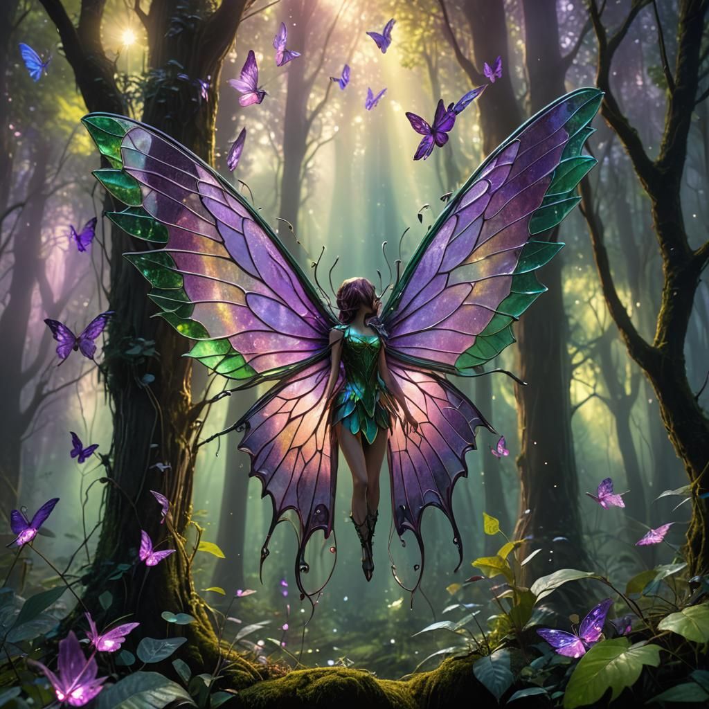 Glass Fairy in Lush Forest, Digital Art