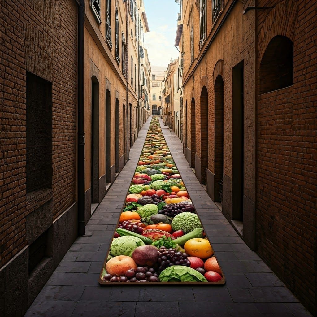 Colorful Fruit and Vegetable Mural in a Street Scene