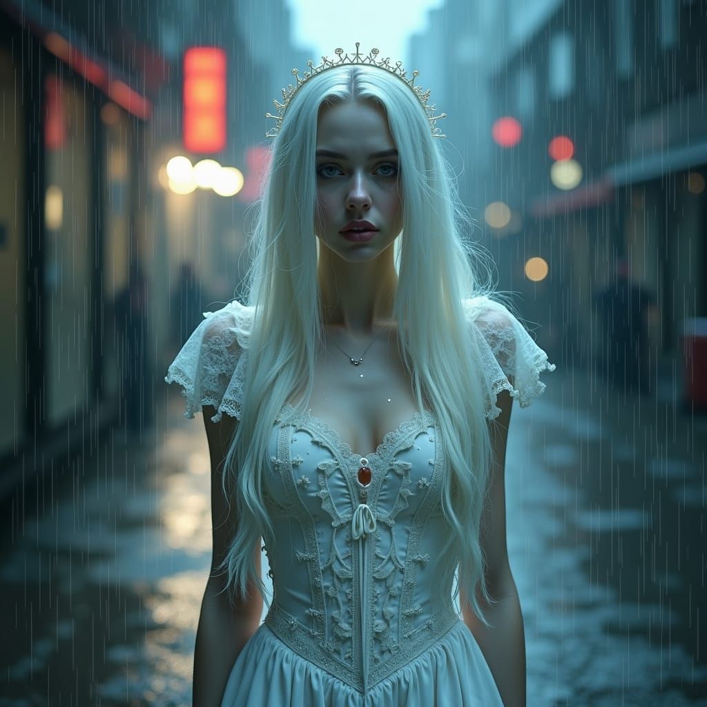Gothic Woman in Torrential Rain, Dramatic Lighting