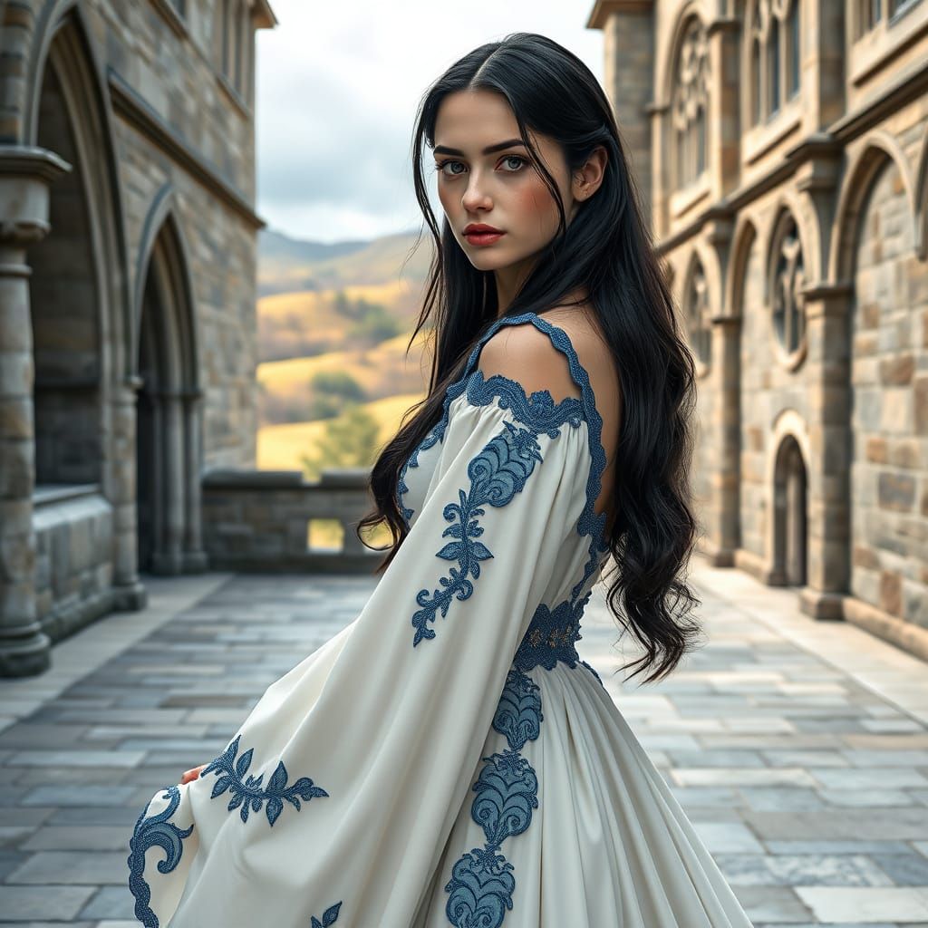 Ethereal Gothic Maiden in Monastery Courtyard