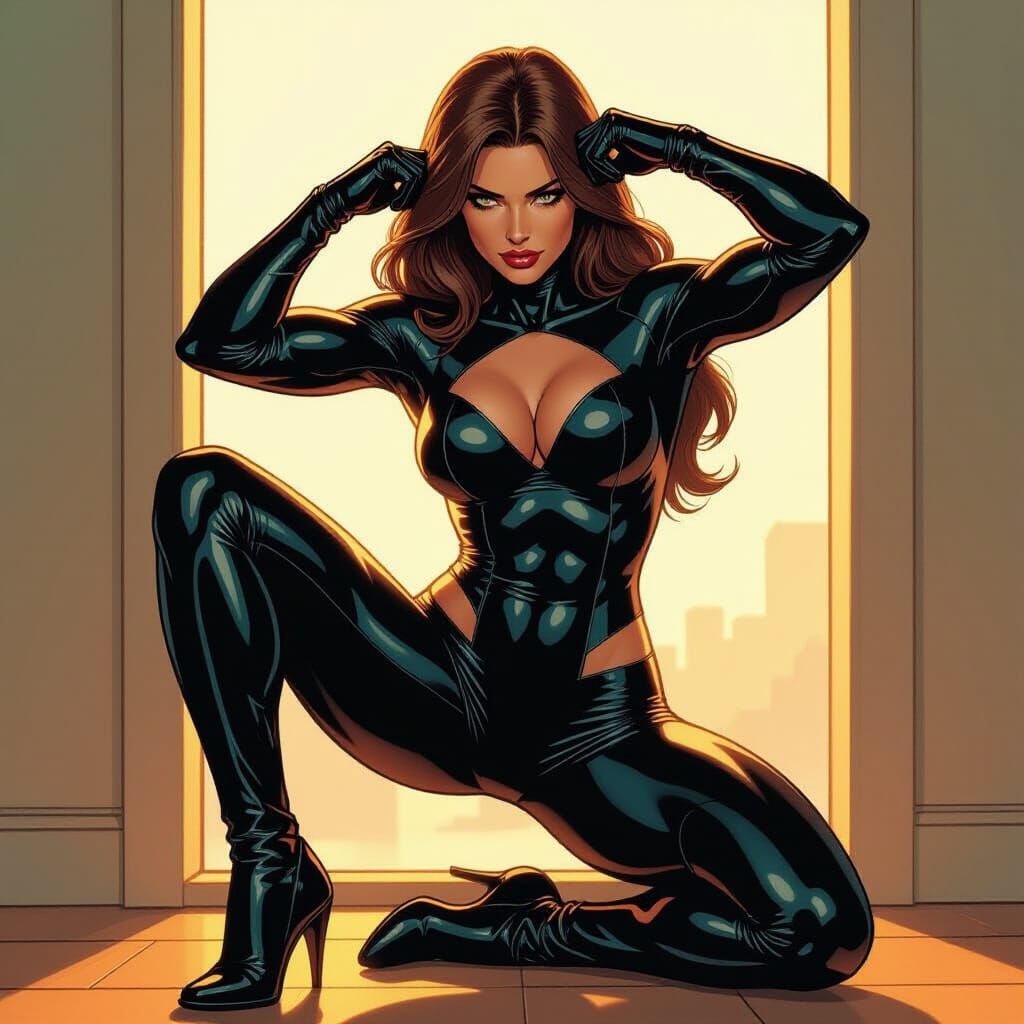 Muscular Superheroine Prepares for Mission in Latex Uniform
