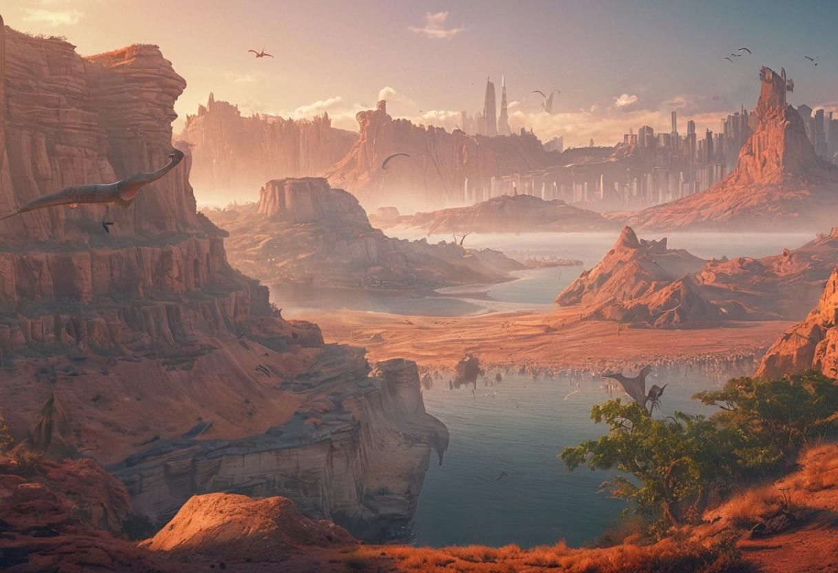 Surreal Brontosaurus Swims in Modern Landscape