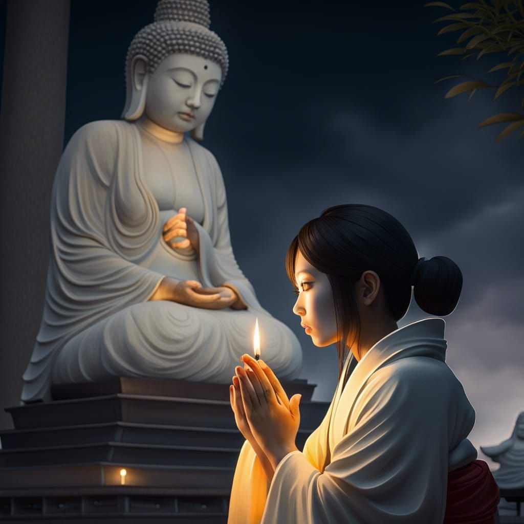 Japanese Girl Praying to Buddha at Dawn