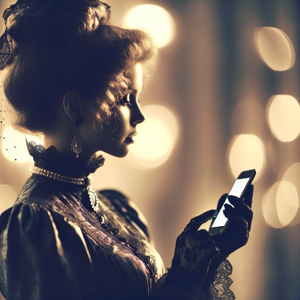 Victorian Woman with Smartphone in Atmospheric Photo