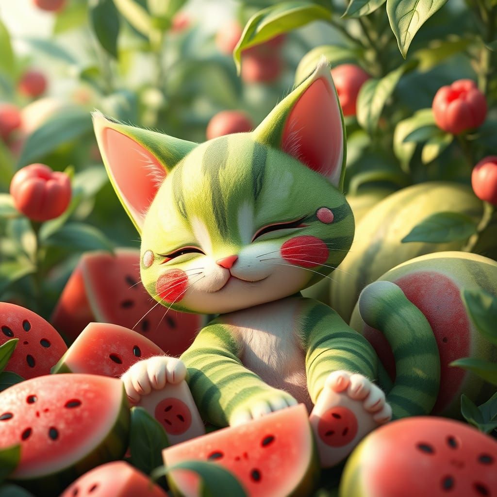 Whimsical Feline in Vibrant Watermelon Paradise
