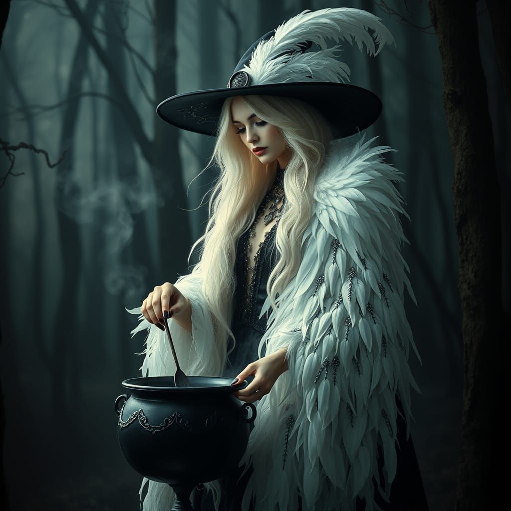 Gothic Woman Stirring Cauldron in Misty Forest