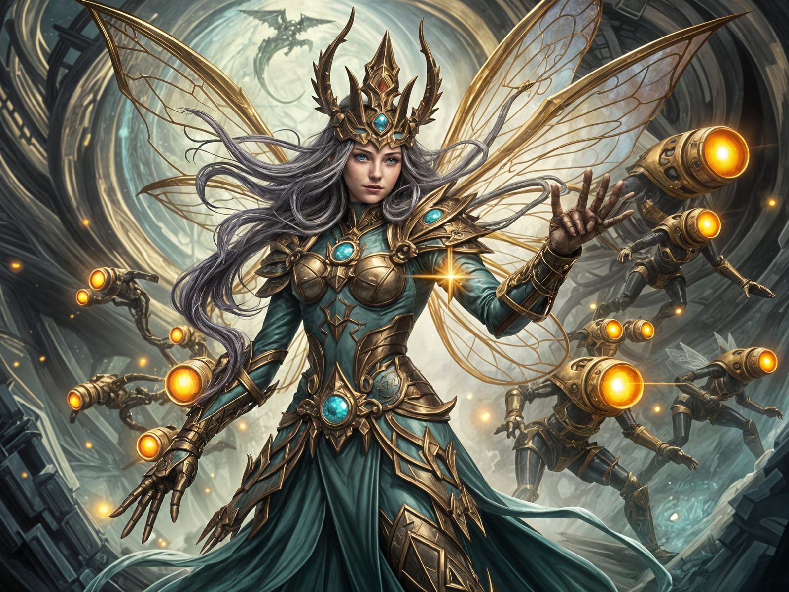 Surreal Fantasy Warrior Unleashes Mechanical Legion in Ether...
