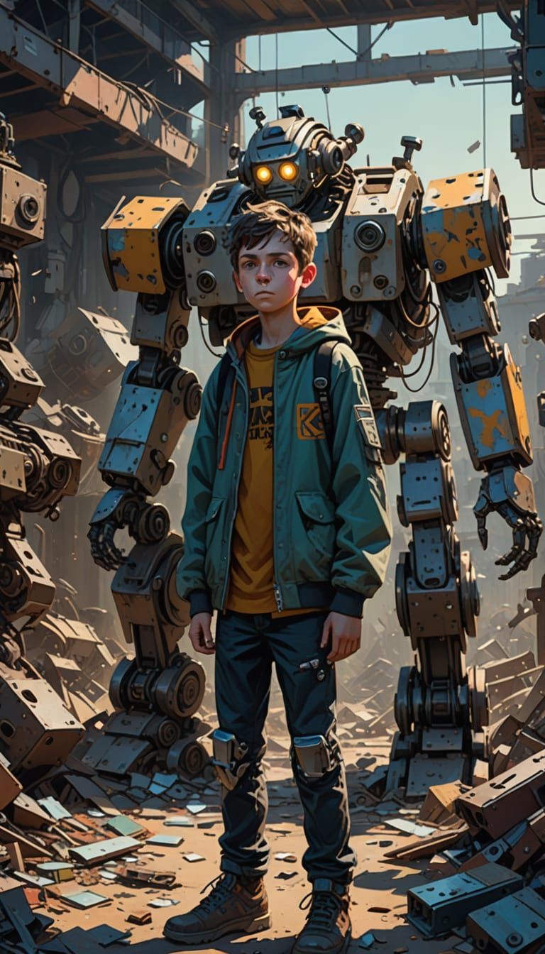 Boy Amidst Robot Parts: Vibrant Digital Painting