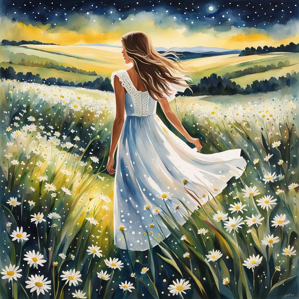 Daisy Field under Starry Night Sky, Watercolor Art