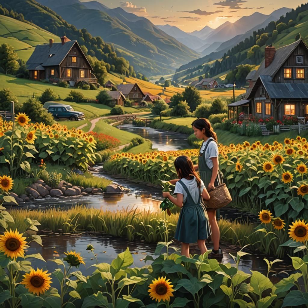 Girls Watering Sunflowers in Hyperrealistic Landscape