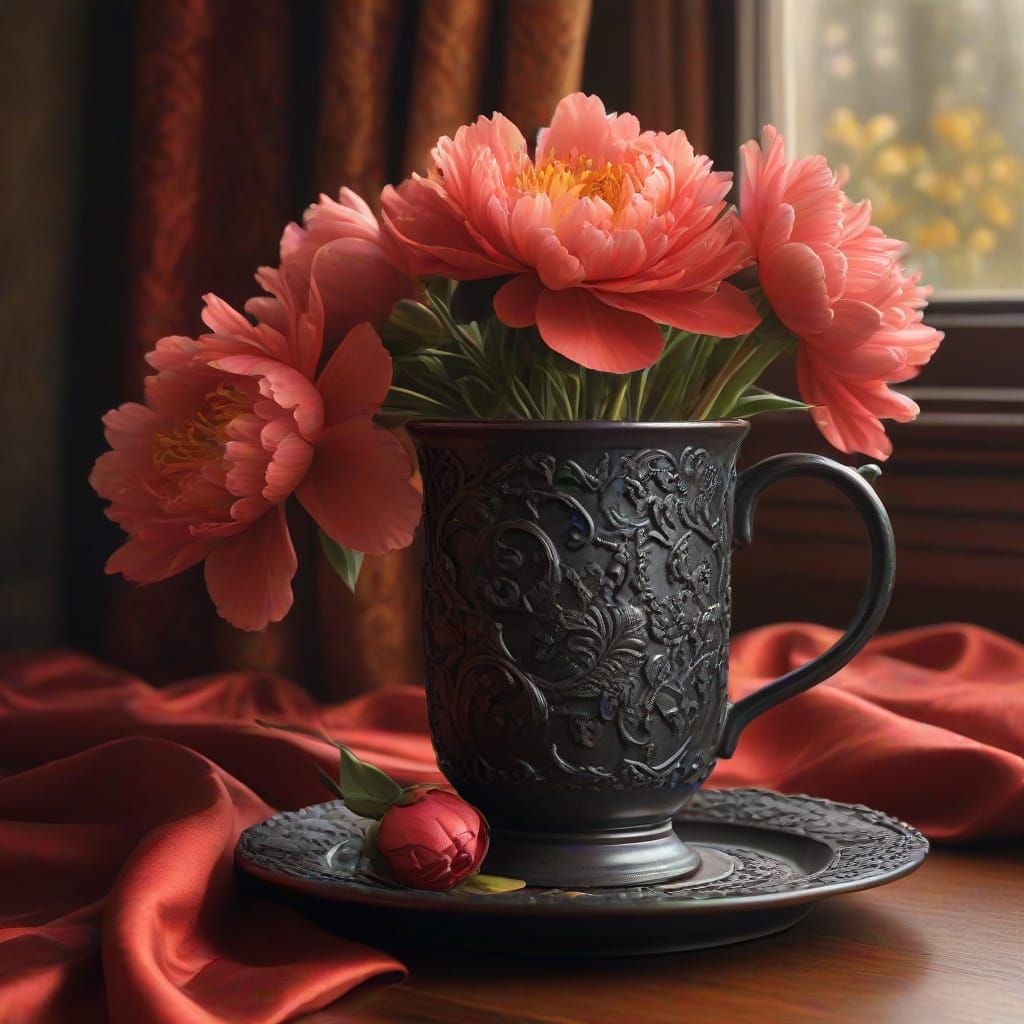 Coffee Mug and Peonies in Charcoal Drawing Style