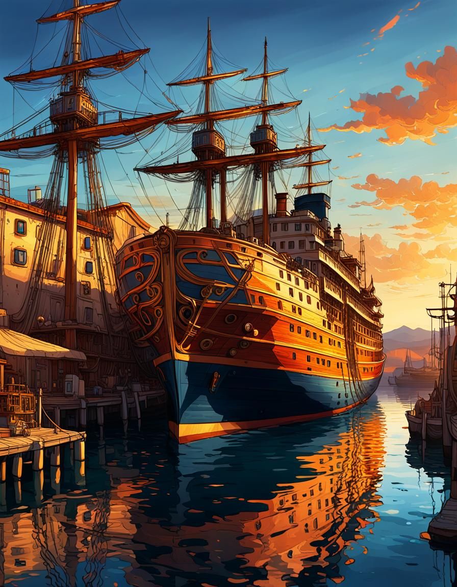 Massive Ship Docks in Sardinian Harbor, Digital Painting