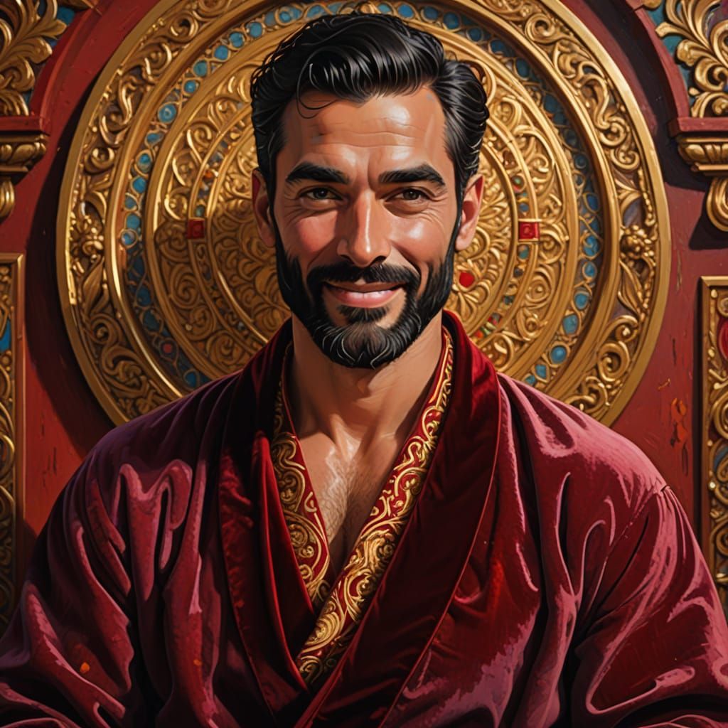 Handsome Man in Red Velvet Bathrobe, Digital Art