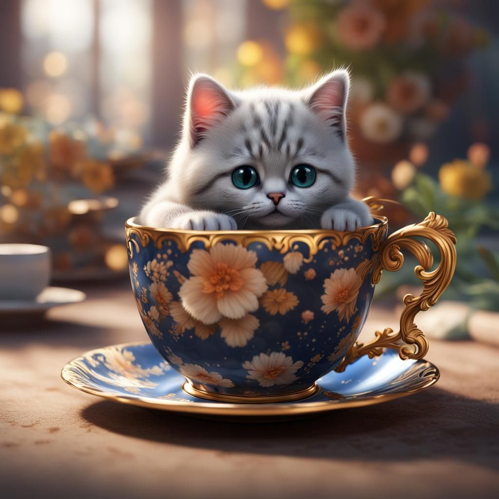 Cute Kitten in Cup: Ultra-Realistic Close-Up