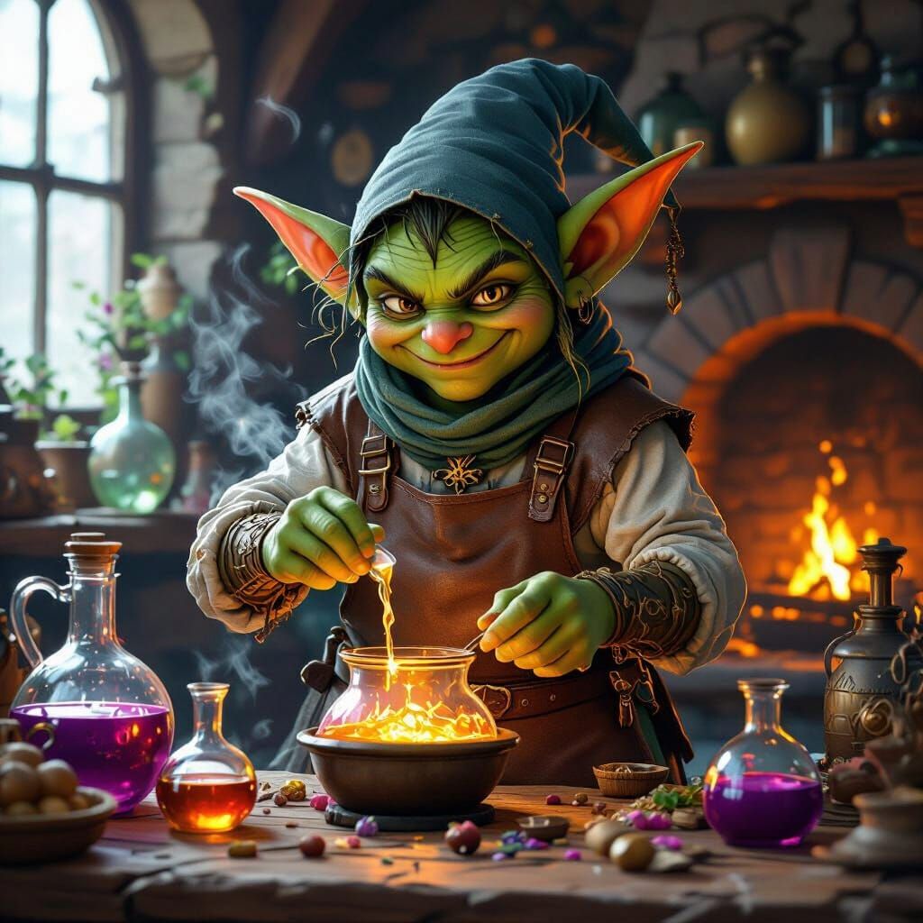 Goblin Alchemist Mixing Potions in Hyperrealistic Style