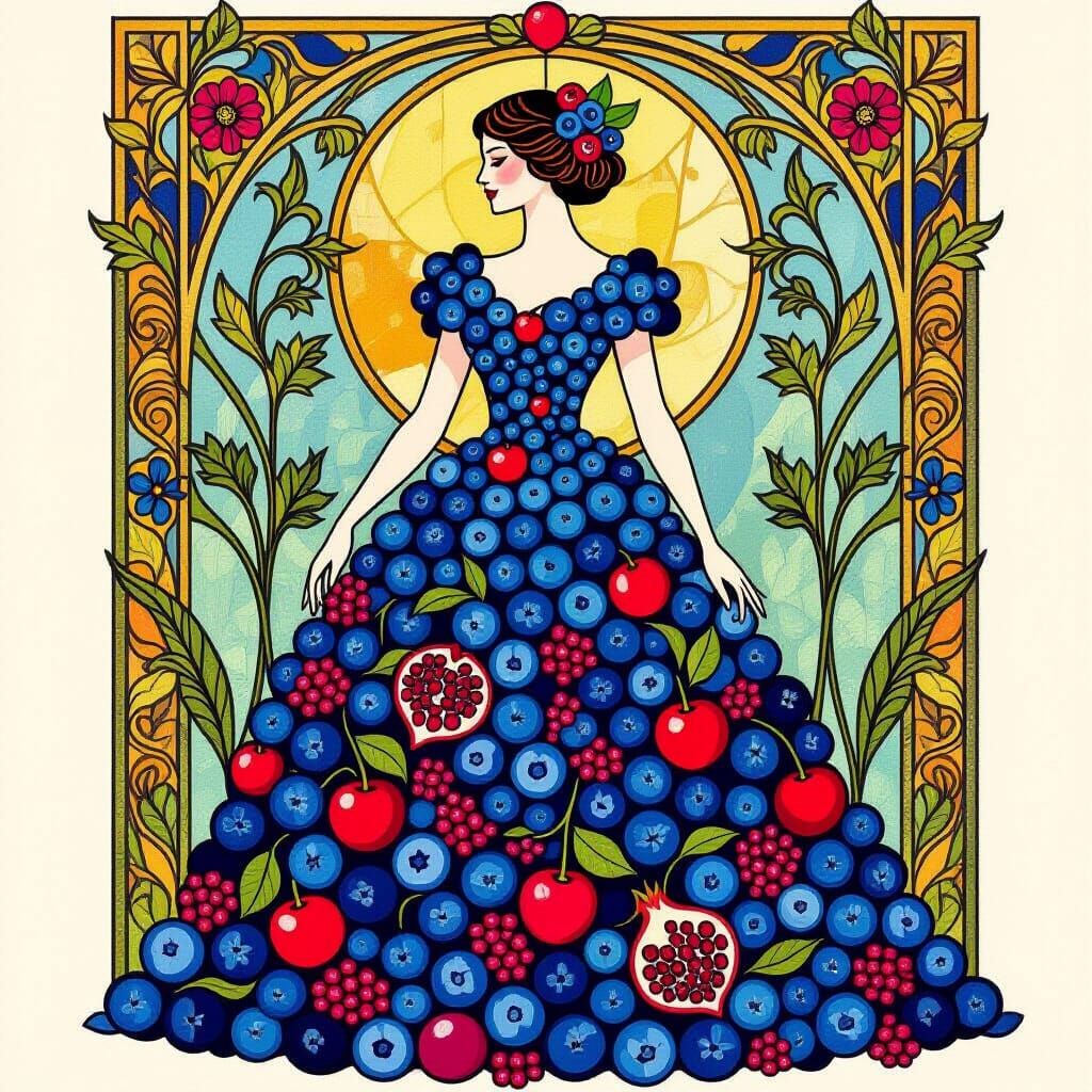 woman in a dress made of blueberries, brambles, bilberries a...