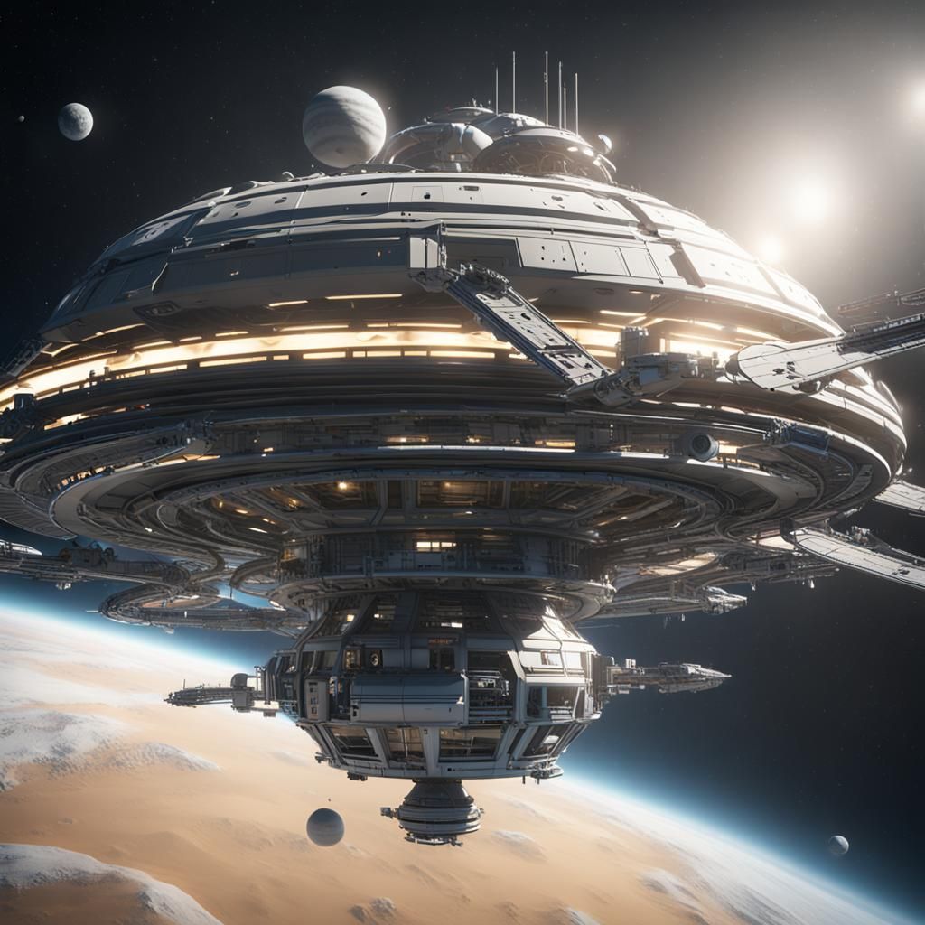 Futuristic Space Station Orbiting Saturn in Sci-Fi Style