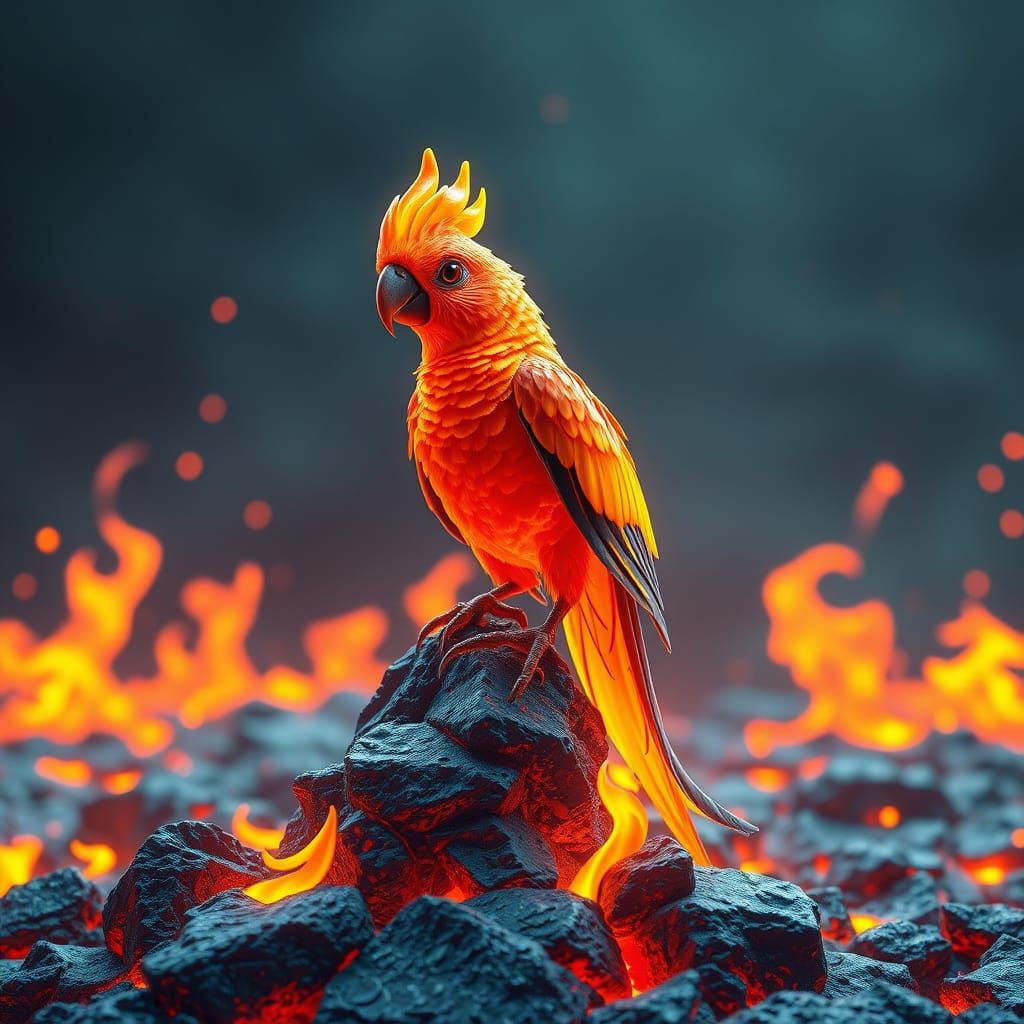 Lava Parrot in Hyper-Realistic Anime Style