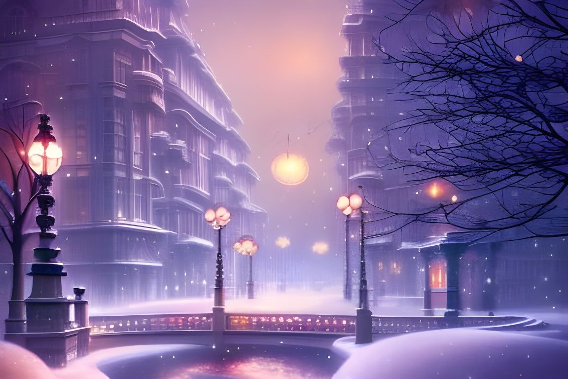 Enchanted Snowy City at Night in Anime Style