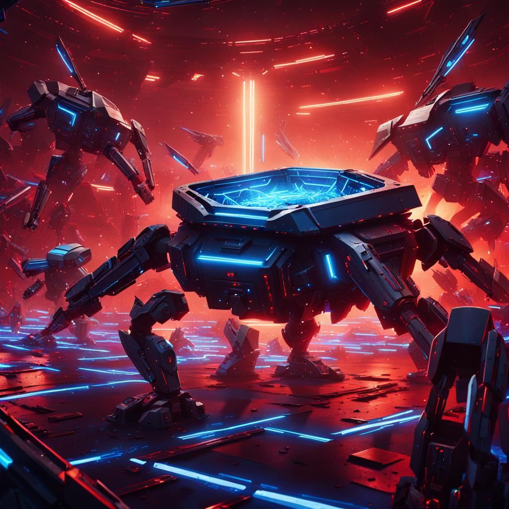 Mini Robots Fight in Neon Lit Arena