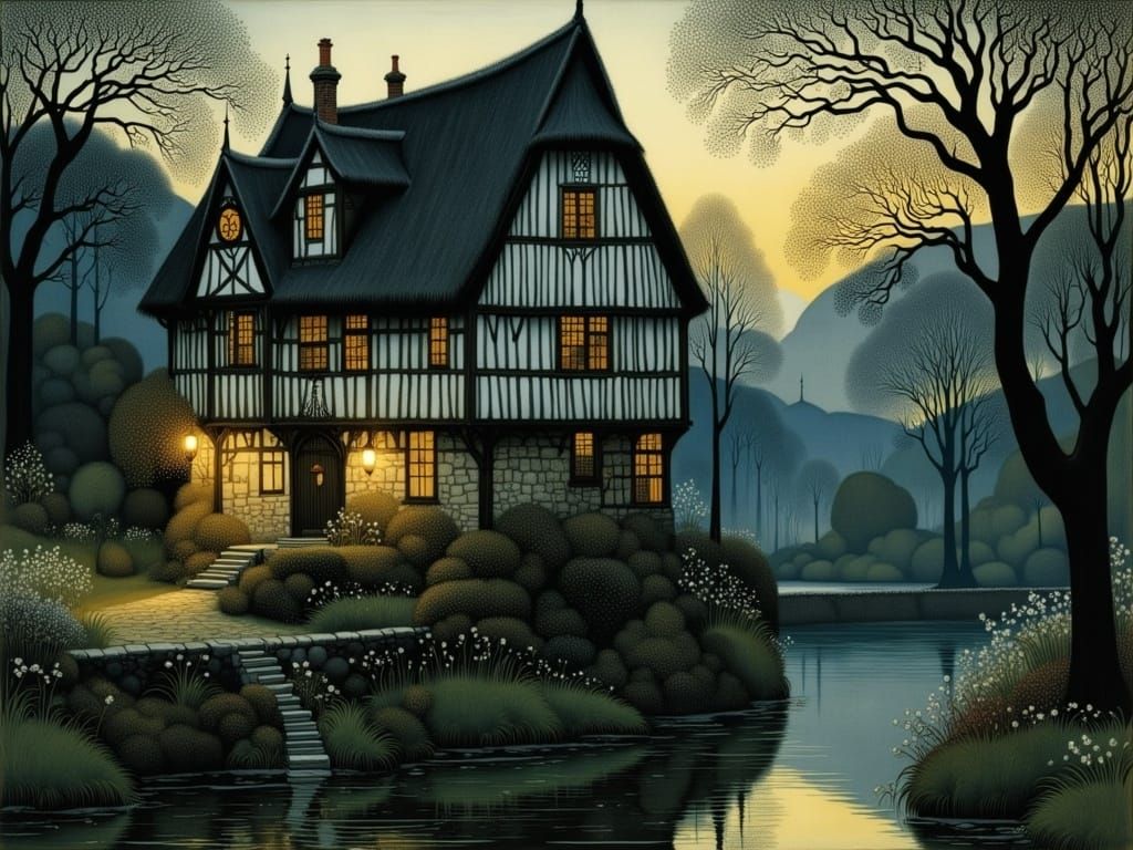 Enchanted Watermill in Soft Evening Hues