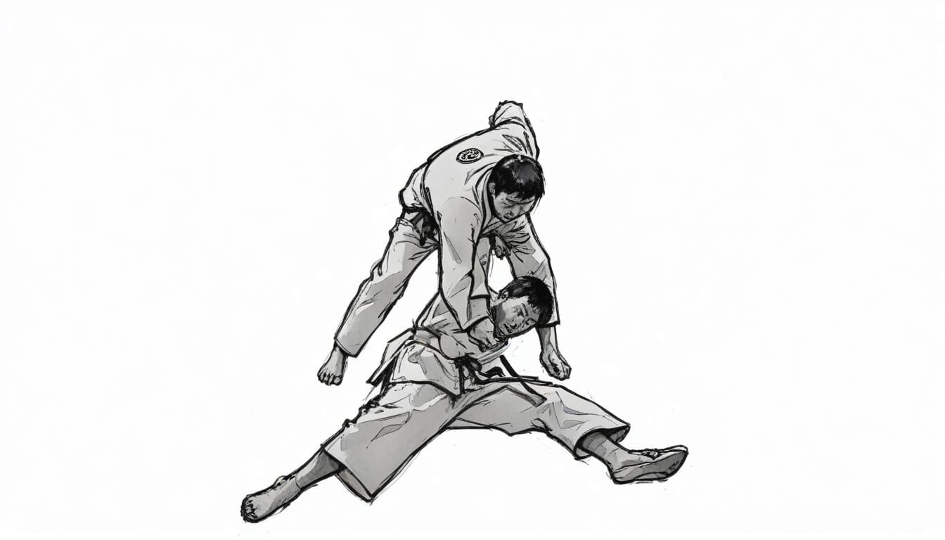 Dynamic Martial Artist Throws Opponent in High Contrast Penc...