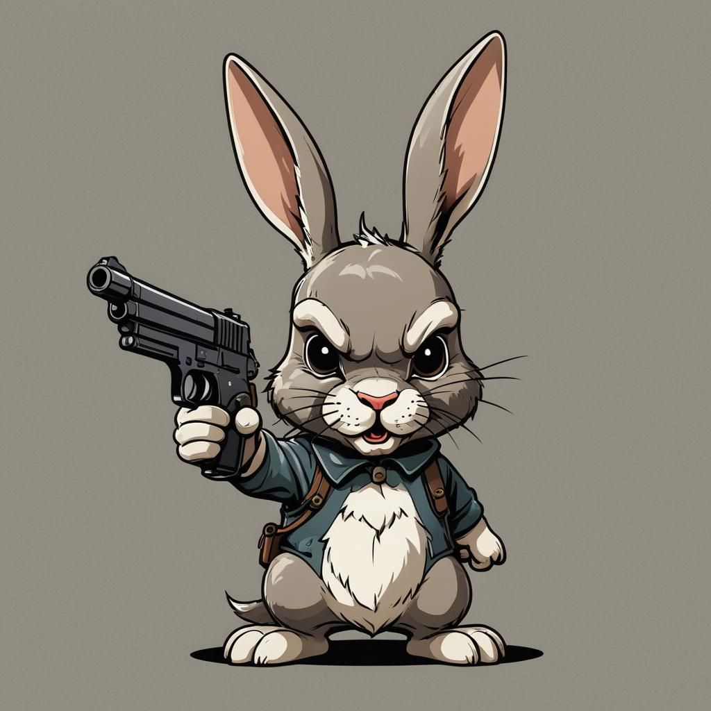 Cute Angry Rabbit Cartoon with Pistol