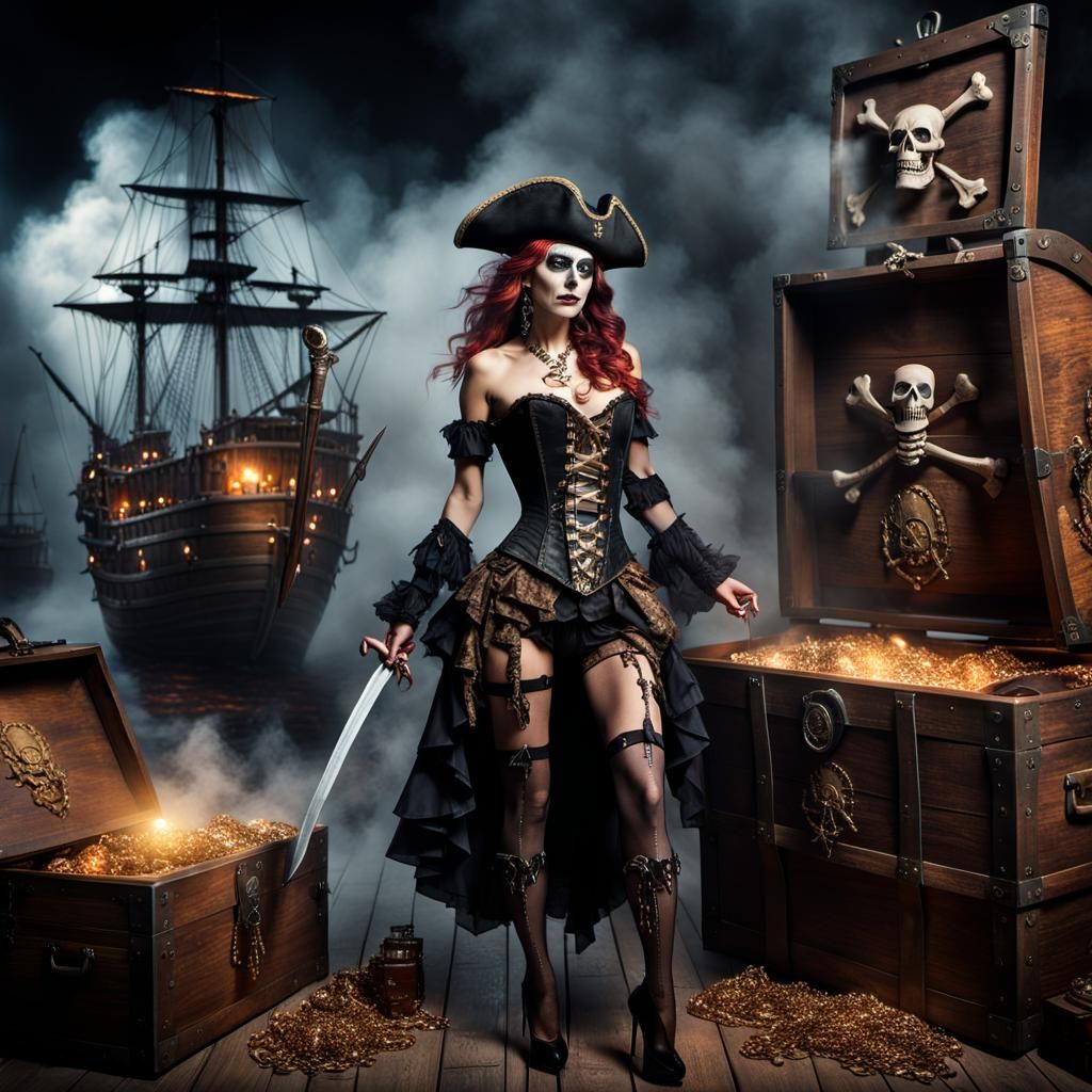Pirate Woman with Dagger and Treasure Chest